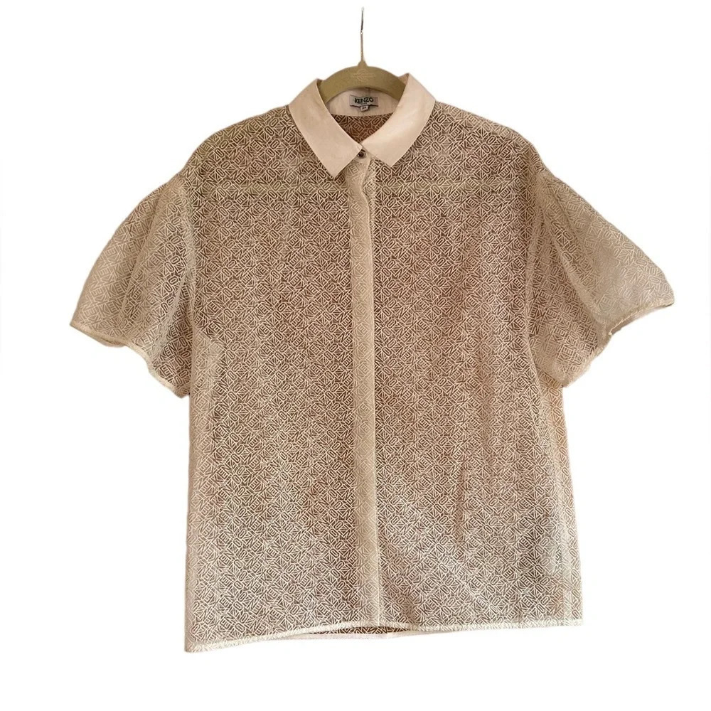 KENZO WHITE SHEER LOGO SHORT SLEEVE BUTTON FRONT BLOUSE
